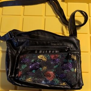 Floral Embossed Black Shoulder Bag 6 Zipper Pockets 2 Open Pockets